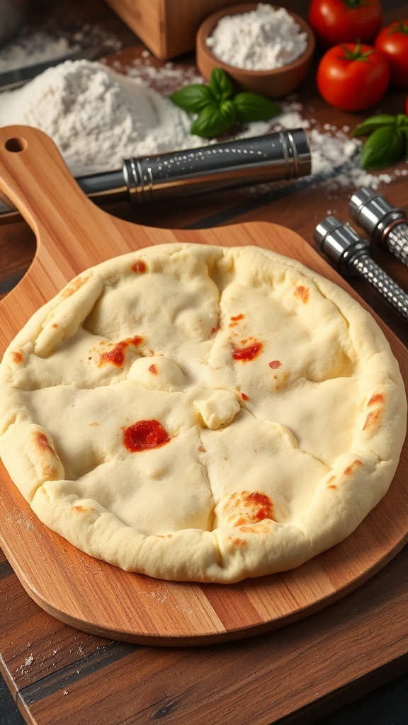 Golden brown homemade pizza crust on a wooden peel, ready for toppings.